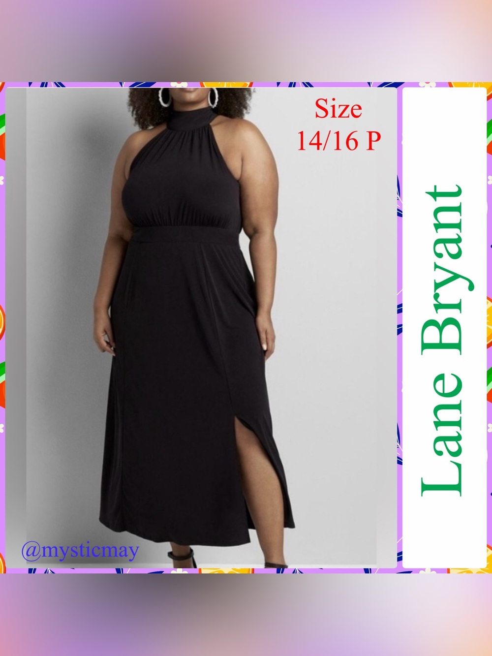 LANE BRYANT Black Knit Tie Neck Slit Hem Halter Maxi Dress Plus Size 14/16 P